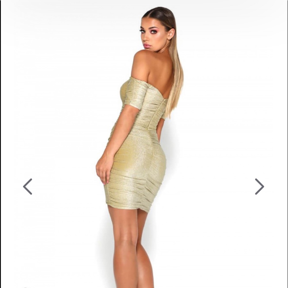 Portia & Scarlett Gold Off Shoulder Corset Ruched Mini Dress NWOT Dress sz 10